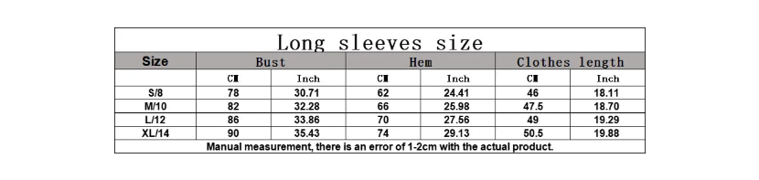 Size chart for long sleeves with measurements in centimeters and inches.